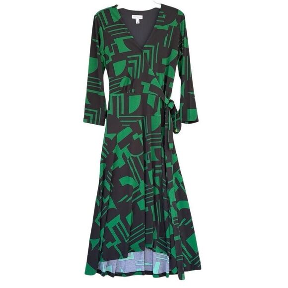 Susan Graver Green Black Geometric Print Knit 3/4 Sleeve Wrap Belted Dress Small - Picture 4 of 10